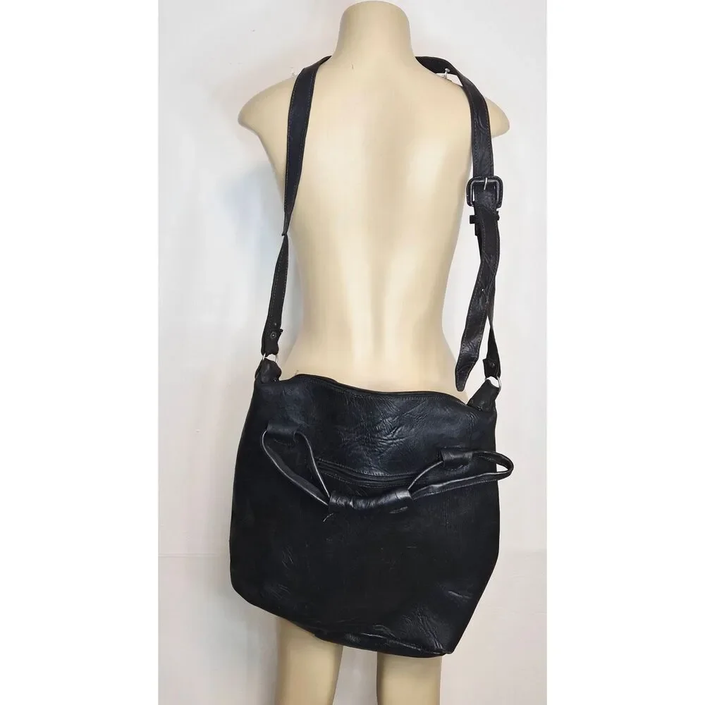 Black distressed leather hobo bag